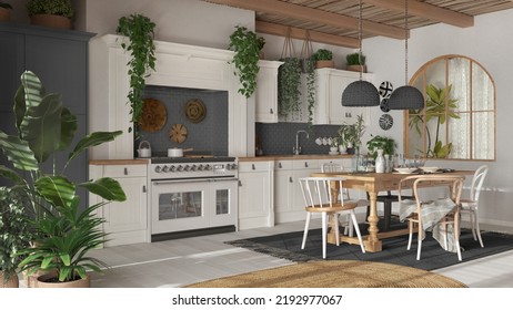 Kitchen And Dining Room With Wooden Details In Bohemian Style. Table With Chairs, Carpet And Appliances In White And Gray Tones. Boho Country Interior Design, 3d Illustration