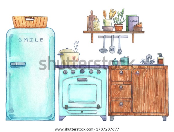 白い背景にキッチン家具のインテリアデザインライフスタイル漫画の装飾的でかわいい現代水彩 のイラスト素材
