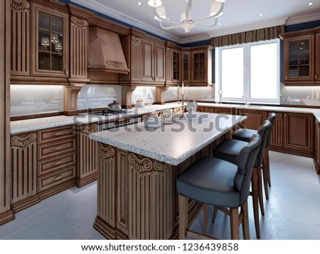 Kitchen Granite Island Cherry Wood Cabinetry Stock Illustration