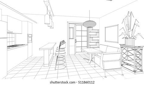 Kitchen Hall Interior Sketch 3d Illustration Stock Illustration ...