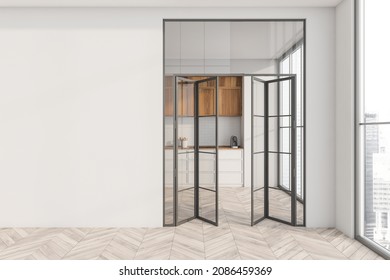 Kitchen Hallway Interior With Framed Glass Folding Door, Empty White Wall, Parquet Flooring And Industrial White And Wood Kitchen On Background. Concept Of Modern Design. 3d Rendering