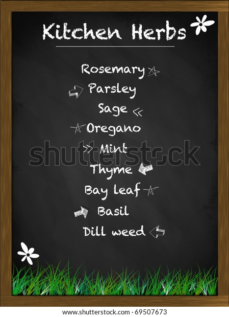 Kitchen Herbs Listed On Framed Blackboard Stock Illustration 69507673