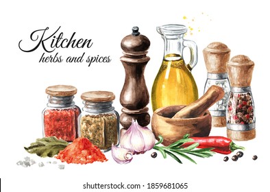 Kitchen Herbs And Spices Card. Olive Oil, Rosemary, Garlic, Chili Pepper,  Bay Leaf, Peppercorns, Mortar And Mill. Hand Drawn Watercolor Illustration Isolated On White Background