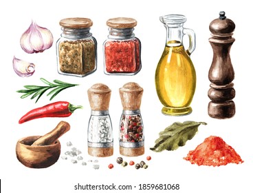 Kitchen Herbs And Spices Set. Olive Oil, Rosemary, Garlic, Chili Pepper,  Bay Leaf, Peppercorns, Mortar And Mill. Hand Drawn Watercolor Illustration Isolated On White Background