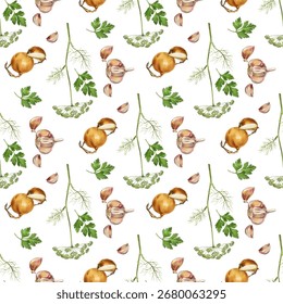 Kitchen herbs and vegetables pattern featuring garlic, onions, and fresh greens for home decor and cooking enthusiasts