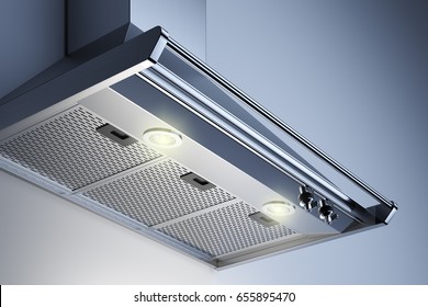 Kitchen hood in the interior with spotlights. 3d render