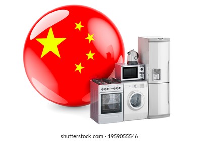 Kitchen And Household Appliances With Chinese Flag. Production, Shopping And Delivery Of Home Appliances In China Concept. 3D Rendering Isolated On White Background