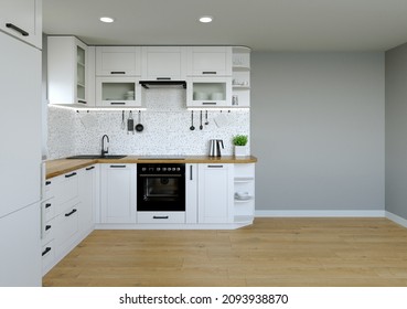 Kitchen interier. 3D rendering of a bright kitchen. Kitchen with an empty wall. Accessories for the catalog.