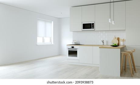 Kitchen interier. 3D rendering of a bright kitchen. Kitchen with an empty wall. Accessories for the catalog.