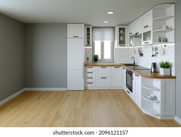 Kitchen interier. 3D rendering of a bright kitchen. Kitchen with an empty wall. Accessories for the catalog.