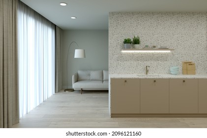 Kitchen interier. 3D rendering of a bright kitchen. Kitchen with an empty wall. Accessories for the catalog.