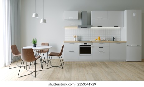 Kitchen interier. 3D rendering of a bright kitchen. Kitchen with an empty wall. Accessories for the catalog.