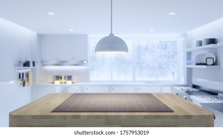 Kitchen Interior Background With Counter Or Table. Decoration Top Surface By Wood Texture And Tablecloth. Include Blur Window, Gas Stove, Lamp And Empty Space For Mockup Or Product Display. 3d Render.