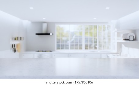 Kitchen Interior Background With Counter Or Table. Decoration With Marble Or Natural Stone At Top Surface Look Clean And Modern. With Empty Or Coppy Space For Mock Up Or Product Display. 3d Render.