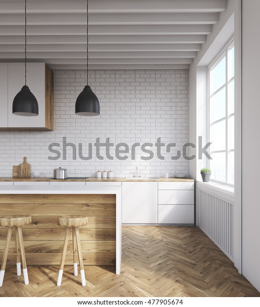 Kitchen Interior Brick Walls Wooden Furniture Stock Illustration