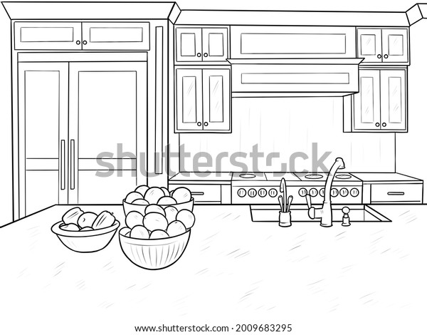 Kitchen Interior Coloring Book Page 600w 2009683295 
