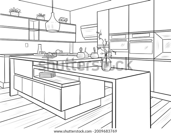 Kitchen Interior Coloring Book Page 600w 2009683769 