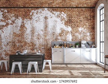 Kitchen Interior In Loft, Industrial Style, 3d Render