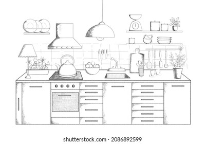 Kitchen Interior Monochromatic Sketch On White Background