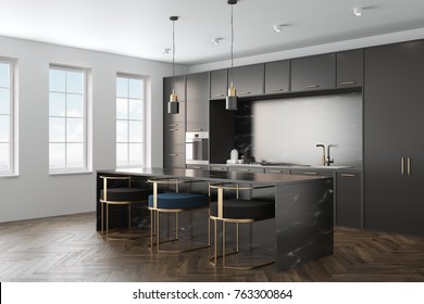 Kitchen interior with a wooden floor, black marble countertops and black cupboards with built in appliances. A black marble bar stand with stools in the foreground. Side view. 3d rendering mock up