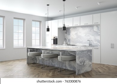 Kitchen interior with a wooden floor, marble countertops and white cupboards with built in appliances. A marble bar stand with stools in the foreground. 3d rendering mock up side view