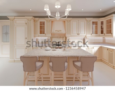 Luxurious Kitchen Island Classics kitchen island in a luxurious classic style kitchen 3d rendering