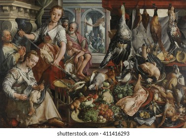 Kitchen, With Jesus In The House Of Martha And Mary In The Background, By Joachim Bueckelaer, 1566. Flemish Painting, Oil On Panel. The Painting Contrasts The Abundance Of Food Against The Shoeless E