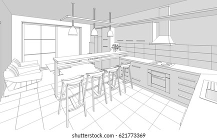 Kitchen Living Room Interior Sketch 3d Stock Illustration 621773369 ...