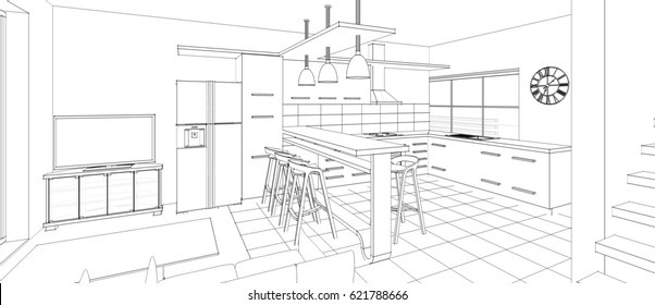 Kitchen Living Room Interior 3d Illustration Stock Illustration 1262465785