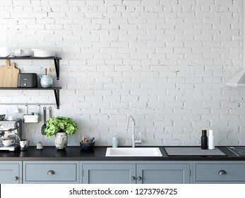 Kitchen Mockup Wall Interior. Wall Art. 3d Rendering, 3d Illustration