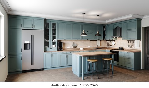 Kitchen in a modern style with a light worktop with sink, stove, oven, kitchen utensils. There are green boxes under the countertop. 3D rendering.