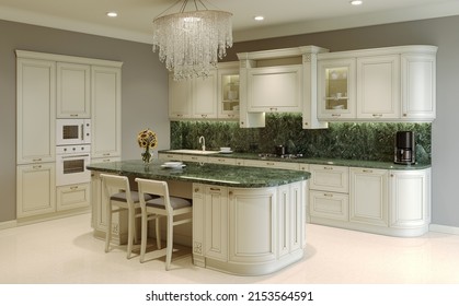 Kitchen In A Modern Style In Pastel Colors, Splashback And Green Marble Countertops, Oven, Dishes. Pastel Kitchen With Island And Chandelier. 3D Rendering.