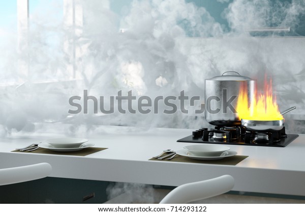 Kitchen On Fire Smoke 3d Rendering Stock Illustration 714293122