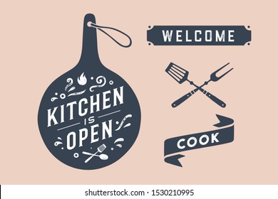 Kitchen Open. Wall decor, poster, sign, quote. Poster for kitchen design with cutting board and calligraphy lettering text Kitchen open, ribbon Cook, Welcome. Vintage typography. Illustration