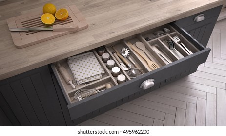 Kitchen Opened Drawer Full Of Kitchenware, 3D Illustration