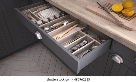 Kitchen opened drawer full of kitchenware, 3D illustration