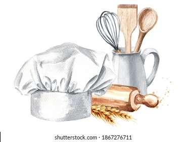 Kitchen Pastry Concept With Chefs Hat And Wooden Rolling Pin. Hand Drawn Watercolor Illustration, Isolated On White Background