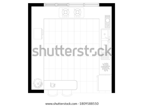 Kitchen Plan Layout Design 2d Architectural Stock Illustration 1809588550