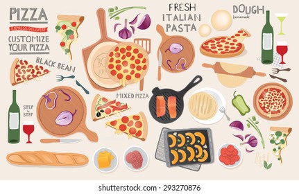 Kitchen preparations, food illustrations on table from top view. Menu design elements. - Powered by Shutterstock