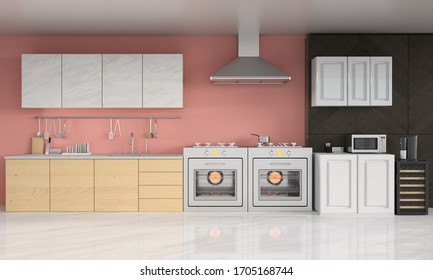 Kitchen Room Decorate Two Tone Style With Kitchenware 3d Rendering