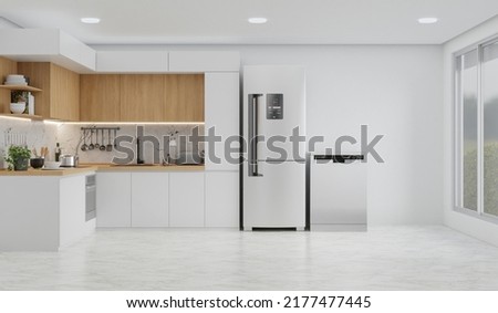 Kitchen room with a dinning table - wall. 3D rendering.
