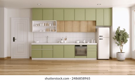 Kitchen room interior with Bright green kitchen counter in minimal space .3D illustration - Powered by Shutterstock