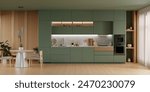 kitchen room interior design with dark green wall,Dining room interior- 3D rendering