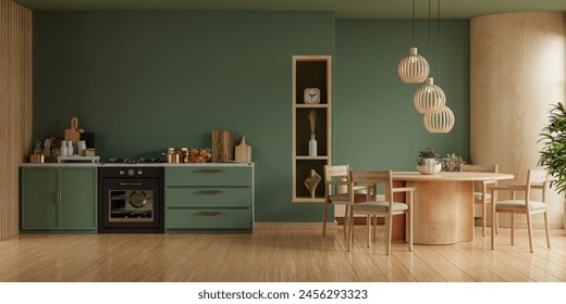kitchen room interior design with dark green wall,Dining room interior- 3D rendering