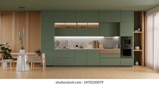 kitchen room interior design with dark green wall,Dining room interior- 3D rendering - Powered by Shutterstock