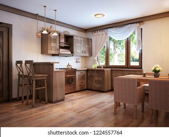 Kitchen Rustic Style With A Dining Table And Wooden Furniture. 3D Rendering.