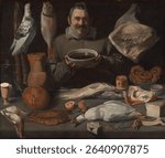 Kitchen Scene (1610 - 1625) by Meester van de Amsterdamse Bodegon, Alejandro de Loarte and Diego Rodriguez de Silva y Velazquez. Vintage oil painting. Beautiful old artwork, oil painting.