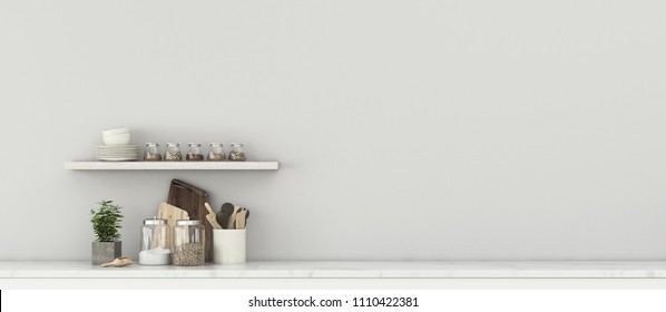 Kitchen space in house.White room with counter bar . scandinavian  interior design. -3d rendering