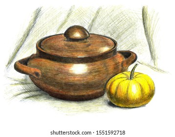Kitchen still life  hand  drawn and colored pencils  ceramic clay pot and lid  small yellow pumpkin 