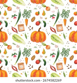 kitchen theme seamless pattern for your design a bag of seeds, pumpkin, beetroot, cabbage, potato, onion, tomato, carrot, cucumber, apple and pear and much more